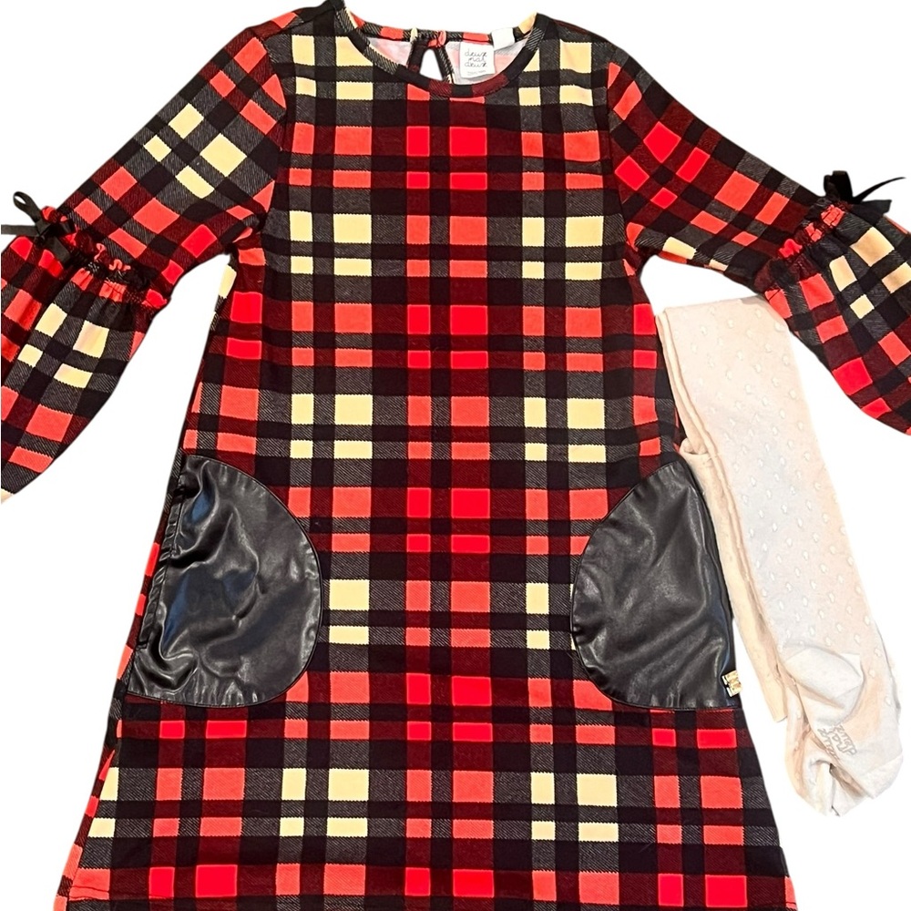 Deux par Deux Red and Black Plaid Dress with Matching Tights, Size 7